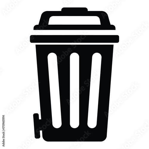 Simple black silhouette icon of a trash can with lid and wheels for waste management silhouette