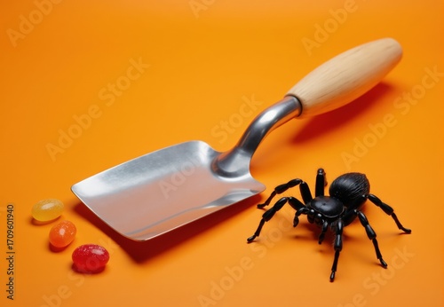 Trowel, Spider Toy, and Jelly Candies on Orange Background
