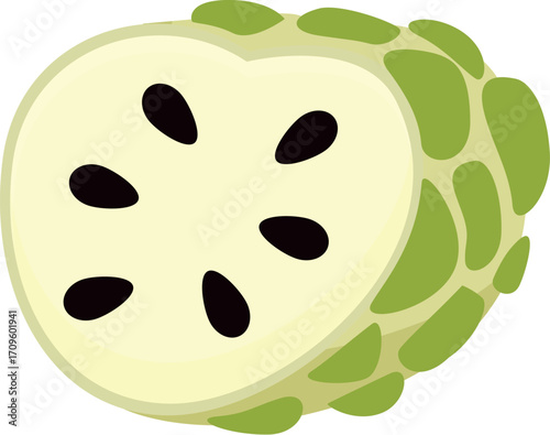 Close up of a soursop fruit cut in half, revealing its creamy white flesh, dark seeds, and green textured skin