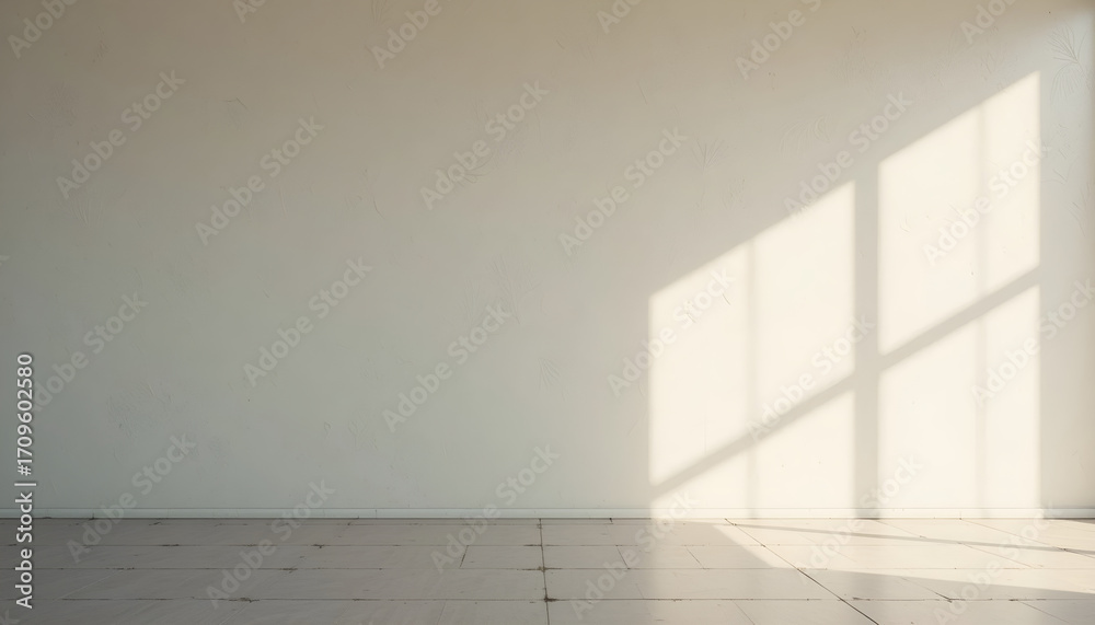 Obraz premium Rectangular Window Shadows on Light Wall with Tiled Floor – Minimal Modern Interior Background
