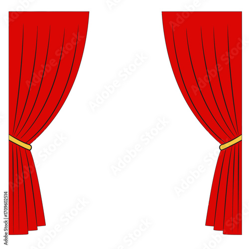 Red theatrical curtains draped elegantly with tiebacks, vector illustration. Stage and perfomance, premiere in movie theater or opera, awards night