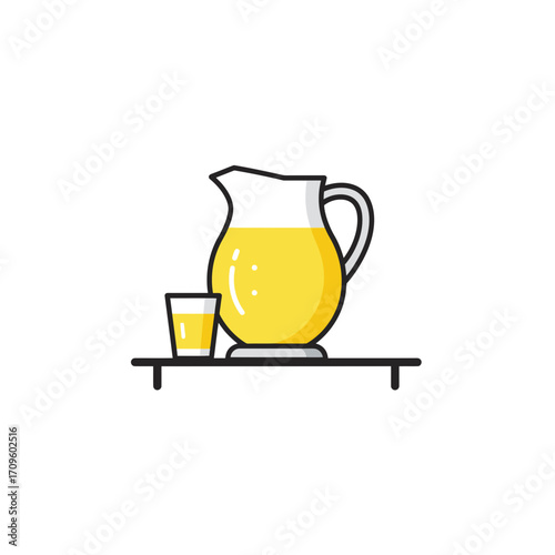 Lemonade pitcher and glass on table in minimalistic style, vector illustration. Types of drinks and refreshments. Party or picnic preparation 