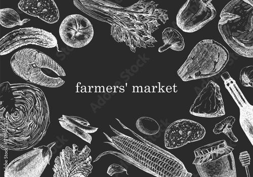 Farmers' Market. Hand-drawn illustration of Food. Ink. Vector	