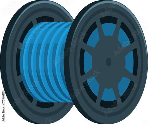 Blue plastic filament wound on a spool, ready for use in a fused deposition modeling 3d printer