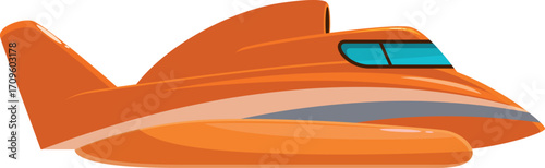 Orange seaplane flying over the sea, side view of fast vehicle for transportation, tourism and travel concept