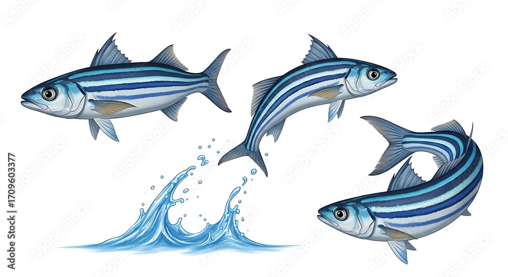 Fototapeta premium A beautiful illustration of three blue striped fish jumping from a water splash.