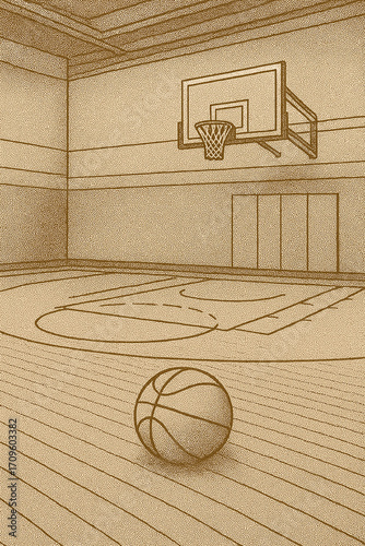 Basketball game illustration with hoop, net, and ball.