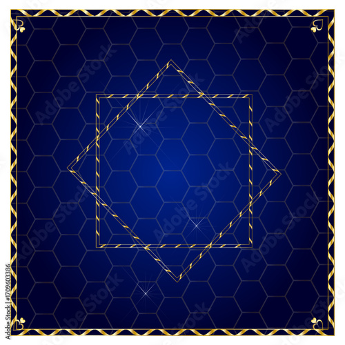 Elegant Blue Background with Golden Geometric Frame and Ribbon Border.
