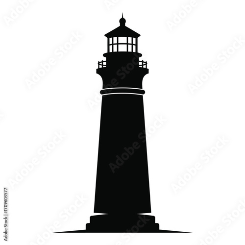 Silhouette of a classic lighthouse guiding ships through the night and fog silhouette