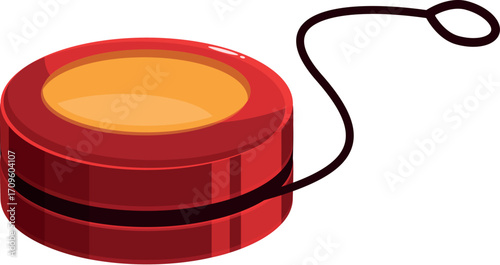 Classic red yo yo with yellow center and string hanging down, representing childhood games and nostalgic toys