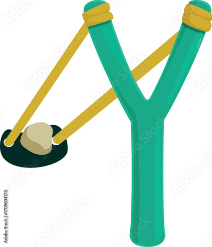 Green slingshot with yellow rubber bands holding a rock ready to be launched