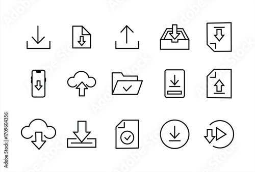 Download icon set. Contains icons for upload, document, link, download file, folder, data, and mission. Solid icon collection. Vector illustration.