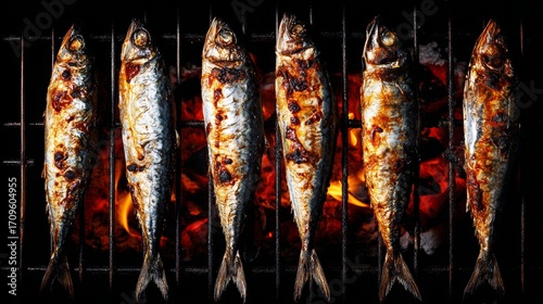 Close up of grilled salted saury served on traditional plate, popular Japanese autumn seasonal delicacy, fresh fish with golden crispy skin, healthy seafood cuisine, nutrition, cultural food concept