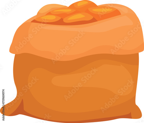 Burlap sack overflowing with round orange produce, likely potatoes, carrots, oranges, or other similar items