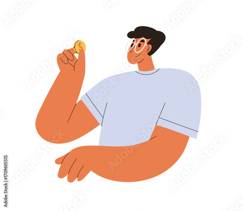 Man holding gold dollar, coin in hand, looking at cash. Person with money savings, profit, finance. Payment and revenue, financial concept. Flat vector illustration isolated on white background