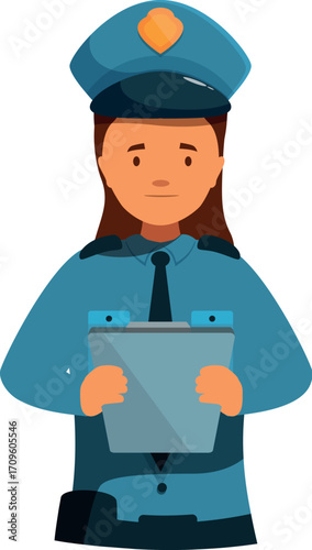 Confident policewoman holding a clipboard, ready to maintain order, enforce laws, and ensure public safety