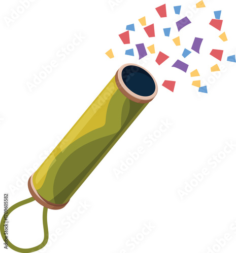 Golden party popper exploding with colorful confetti, creating a festive atmosphere