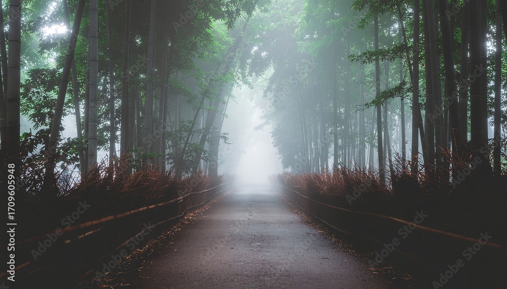 Obraz premium Path Through a Misty Bamboo Forest walkway