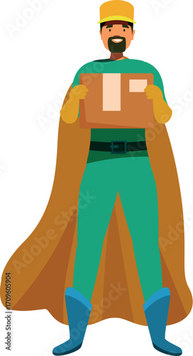 Smiling superhero courier holding a package, ensuring fast and reliable delivery service