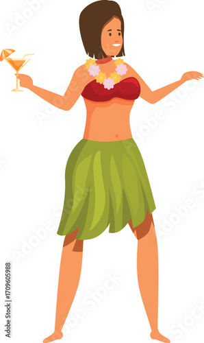Beautiful smiling hawaiian dancer wearing traditional costume and holding cocktail is performing a dance