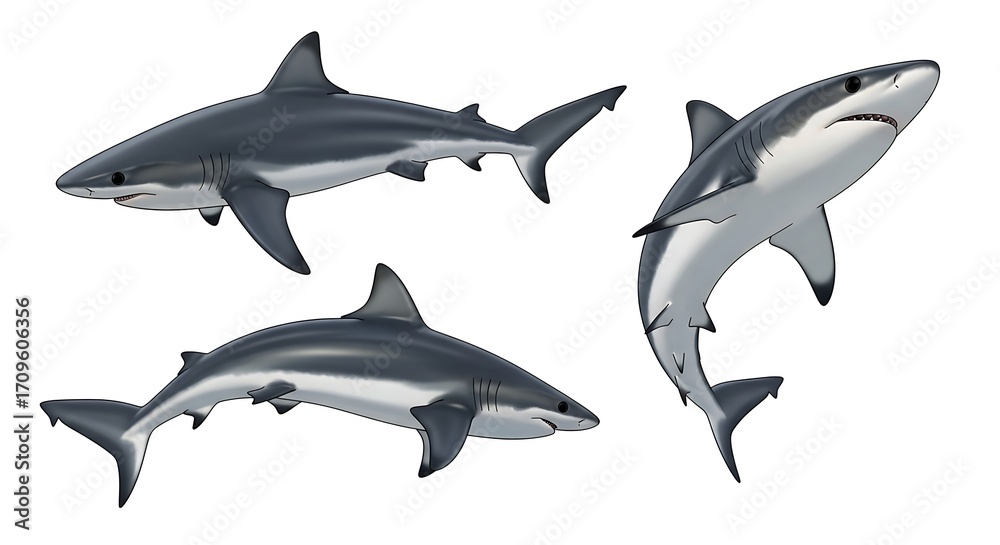 Fototapeta premium Three Realistic Sharks Swimming in Different Poses Isolated on White Background.