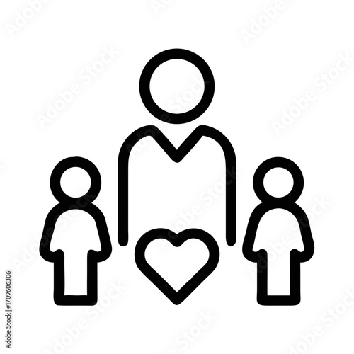 Adult and two children stick figures with heart icon outline family parent