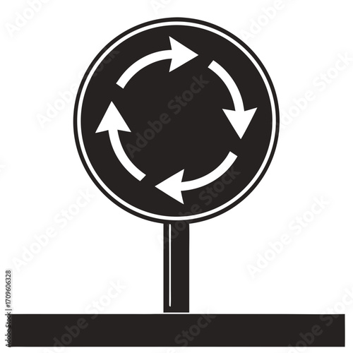 Black circular roundabout traffic sign with four arrows on a pole road sign