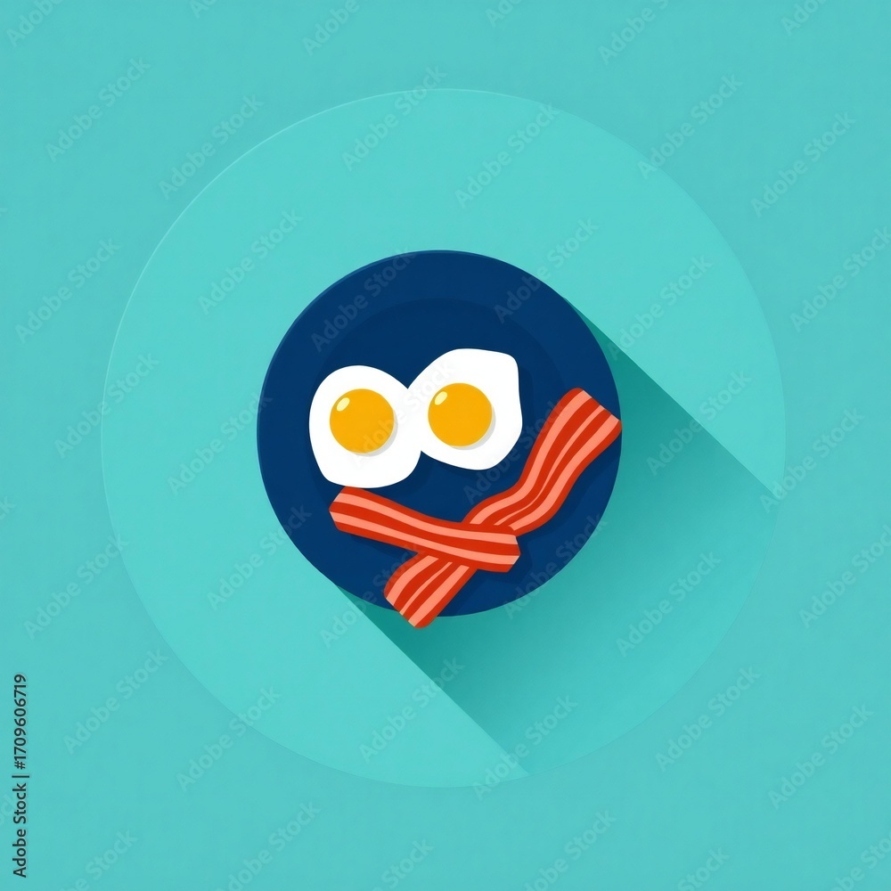 Fototapeta premium Flat lay of fried eggs and bacon on a dark blue plate with a teal background