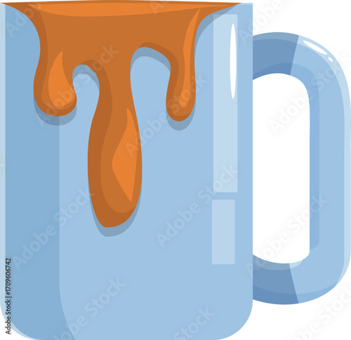 Light blue mug with dripping orange liquid, representing a messy coffee cup or similar beverage