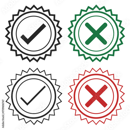 Four Circular Badges With Checkmarks and Crosses In Green Red And Black check mark tick