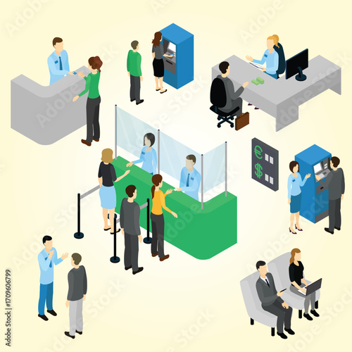 Isometric Detailed Bank Interior Scene with Customers and Staff Illustration