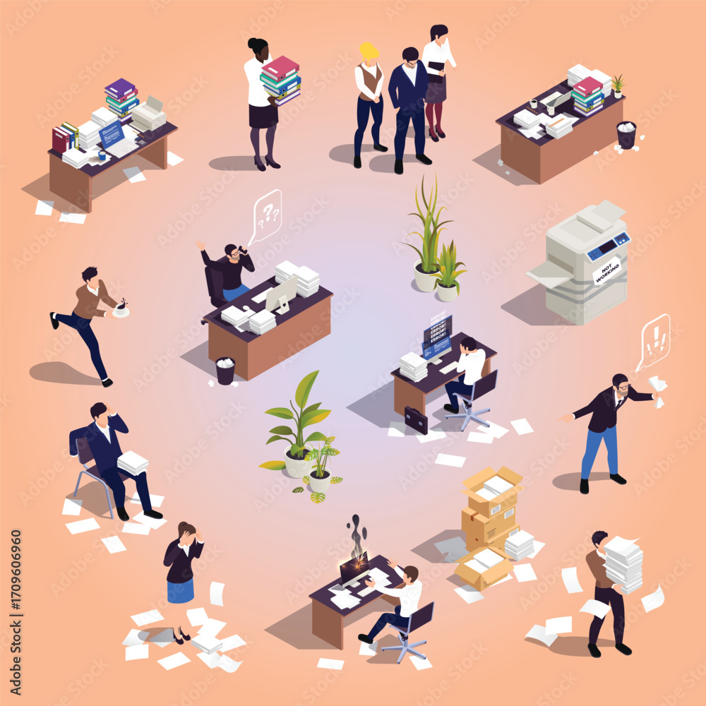 Obraz premium Isometric Overworked Stressful Office Staff Busy Workplace and Workload Illustration