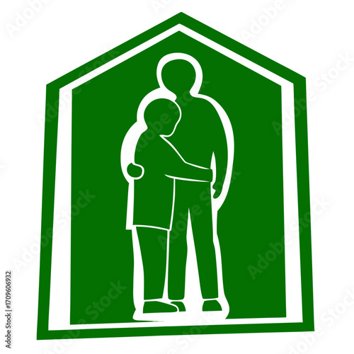 Green house icon with adult and child embracing on a black background vector illustration