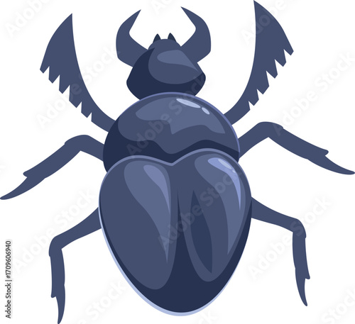 Large dark blue scarab beetle with visible wings and legs, isolated on white background