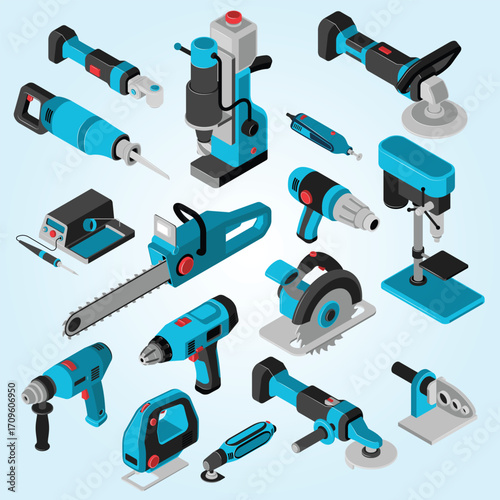 Isometric Detailed Power Tools Illustration Set Collection for Construction Work