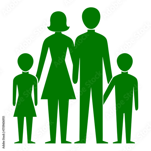 Green Silhouette of Family of Four Holding Hands mother father