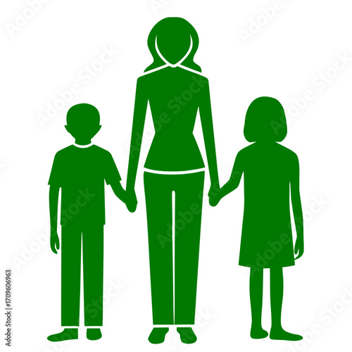Green Silhouette of Mother Holding Hands with Two Children family daughter