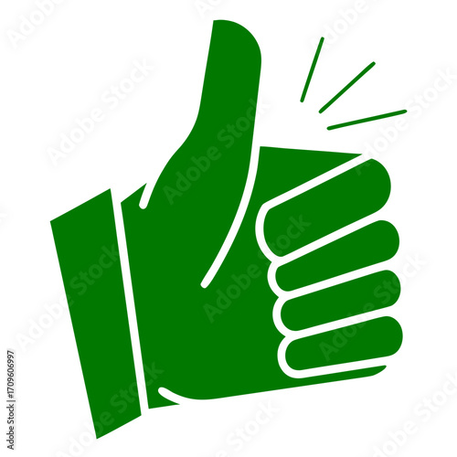 Green Thumbs Up Hand Gesture with Sparkle Lines on Black Background symbol