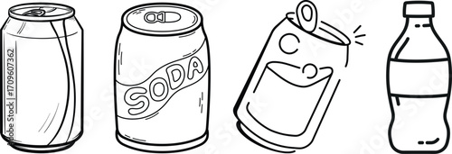 cold soda can icon set.vector in thin line and flat style with editable stroke on white background. Dented soda cans icons set. Vector illustration.lemonade juice, coffee or energy drink mockup