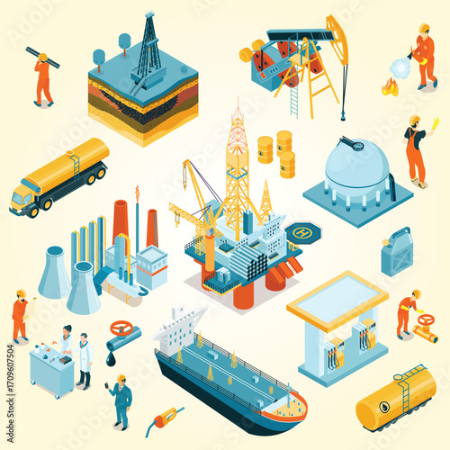 Isometric Detailed Oil and Gas Industry Production Element Illustration