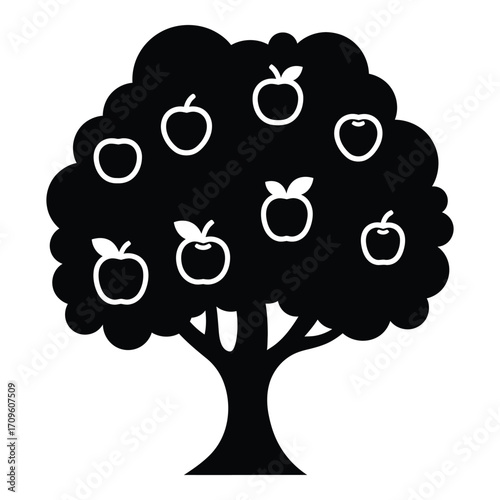 Black silhouette of an apple tree with ripe fruit ready for picking silhouette
