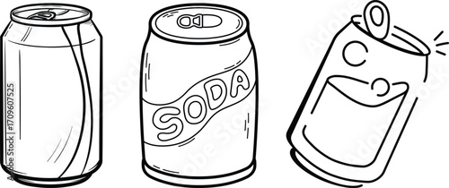 cold soda can icon set.vector in thin line and flat style with editable stroke on white background. Dented soda cans icons set. Vector illustration.lemonade juice, coffee or energy drink mockup