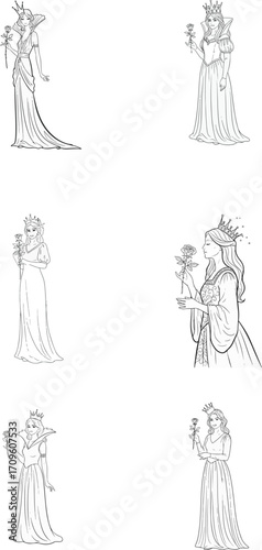 A beautiful set of six hand-drawn fantasy queens and princesses in elegant gowns, perfect for coloring books.