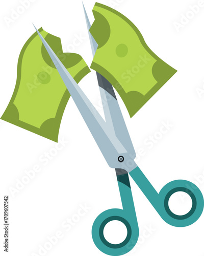 Scissors cutting banknote in half, representing cost reduction, budget cuts, and financial savings