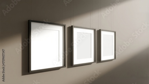 Gallery wall with three blank picture frames