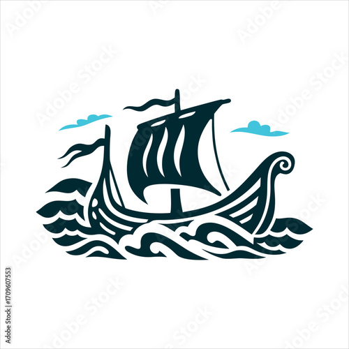 Stylized Viking Longship Sailing on Waves Saint Georges Day NL Viking longship with raised sails Newfoundland history in stormy gray