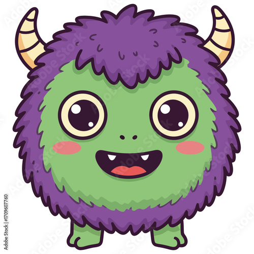 Cartoon Monster with Purple Fur Green Face and Horns.