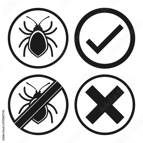 Set Of Four Icons Showing Tick Cross Bug And No Bug Symbols insect pest