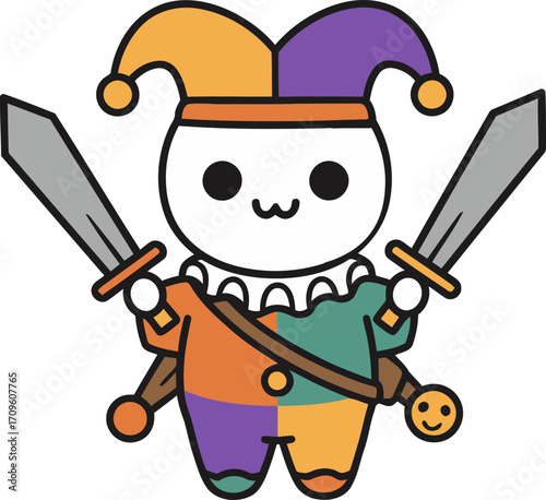 Cartoon Jester with Swords Wearing Colorful Patchwork Outfit and Hat.