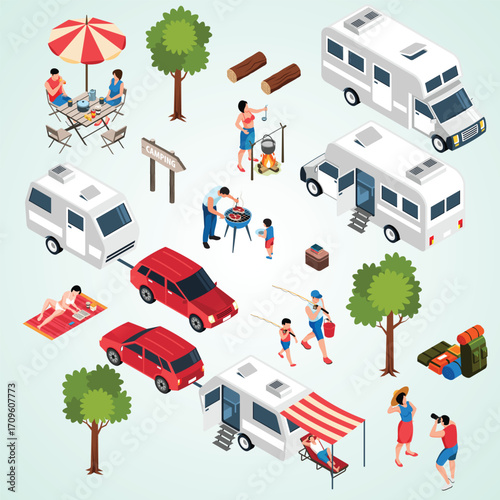 Isometric Colorful Family Vacation Scene With RV and Outdoor Activities Illustration
